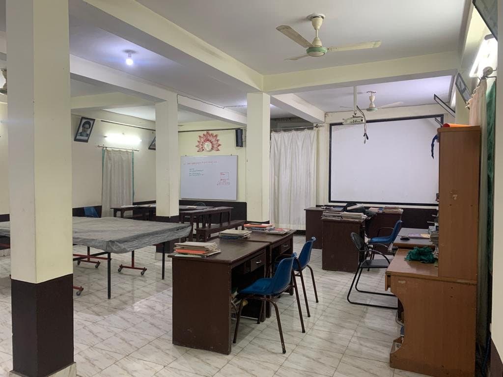 Desks and bookshelves in the study hall
